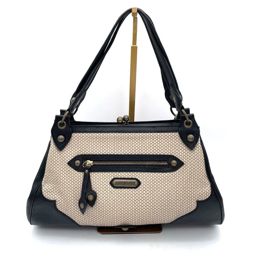 VTG Y2K Isabella Fiore Black Cream Leather Embroidered Satchel Shoulder Bag